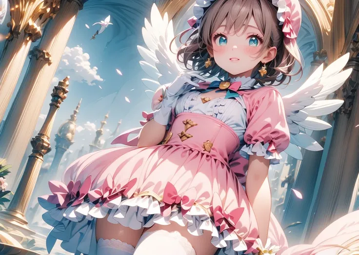 A beautiful girl in a Sakura Card Captor cosplay jumping in the park, anime girl, light pink headwear, frills, light pink dress, puffy short sleeves, white gloves, pink bow on the chest, white high socks, pink lolita shoes, white wings, white panties, big ...