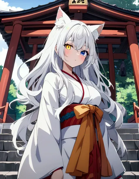 best quality , ultra detailed ,  highres icon ,anime style , from front , look at viewer ,One woman, ((long white hair)), (( Heterochromia,yellow right eye,blue left eye)), cat ears, 1 girl, medium breasts , long hair, solo, standing,bun hair,kimono,with a...