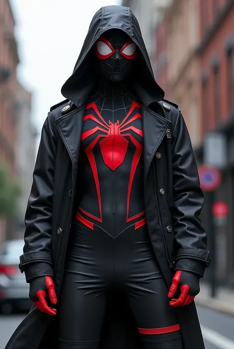  A teenager dressed as a Spider-Man in a black and red costume,  over the costume a black coat and shorts also black , The coat has a hood and he is wearing the anime hoodie 