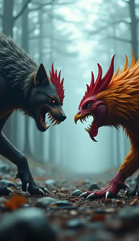 A full-body ultra-realistic image of a furious, massive hybrid rooster and an equally enraged hybrid dog standing face-to-face, locked in an intense stare-down. The hybrid rooster has sharp, talon-like claws, vibrant feathers mixed with reptilian scales, a...