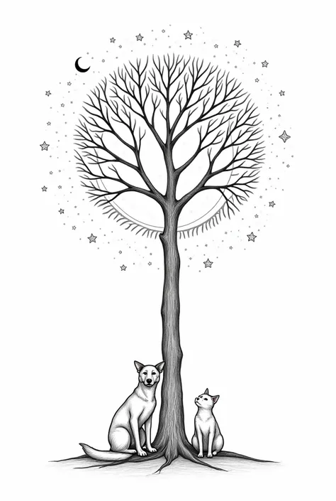 Lineart et noir et blanc : Arbre de vie qui est encerclé, accompagner de chien et de chat, et décoré par des étoiles et une lune.