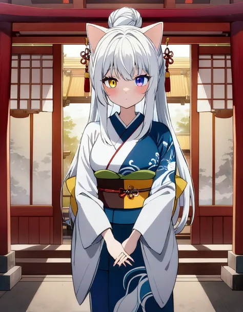 best quality , ultra detailed ,  highres icon ,anime style , from front , look at viewer ,One woman, ((long white hair)), (( Heterochromia,yellow right eye,blue left eye)), cat ears, 1 girl, medium breasts , long hair, solo, standing,bun hair,kimono,with a...