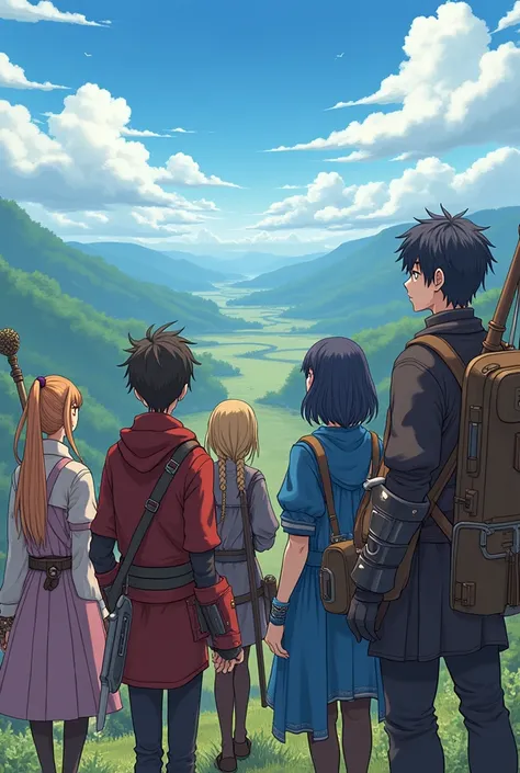  Create a 1920x1080 image based on anime and the online game Ragnarok, where there are 5 characters, 3 men and 2 women ,  looking over the horizon anxious for the adventures that await them 