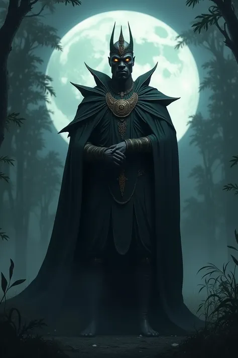 The Wicked Prince: A tall, dark figure standing in a clearing, eyes glowing like fire in the moonlight. His posture is regal but ominous, as if hes both a king and something far worse,wearin an ibo nigerian attire
