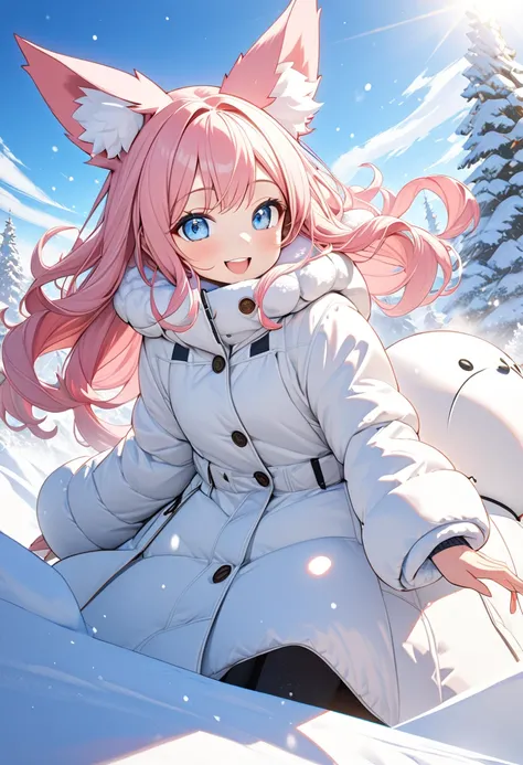 masterpiece,  best quality, 8k, Super detailed,  1 girl, pink hair, long hair, wave hair, fox ears,  Light Blue Eyes ,  small breasts, winter coat,  long skirt, Im making a giant snowman, winter, sunny, Happy smile,  dynamic angle