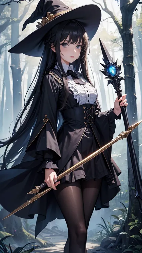  masterpiece,  Best quality , high resolution, beautiful detailed eyes, extremely detailed face , Detailed CG, 1 girl; standing, Holds a wizards staff with his hand,  view from the front,  looking at the spectator,  long black hair , black eyes,  impossibl...