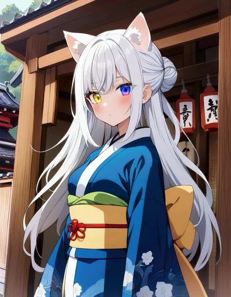 best quality , ultra detailed ,  highres icon ,anime style , from front , look at viewer ,One woman, ((long white hair)), (( Heterochromia,yellow right eye,blue left eye)), cat ears, 1 girl, medium breasts , long hair, solo, standing,bun hair,kimono,with a...