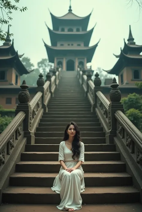 there is a woman sitting on the steps of a building, a statue inspired by Bohumil Kubista, tumblr, sumatraism, in a temple, sitting on temple stairs, in front of a temple, candid picture, scenary, in front of the temple, with a chinese temple, at an ancien...