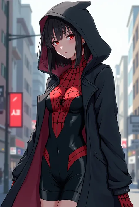  A teenager dressed as a Spider-Man in a black and red costume,  over the costume a black coat and shorts also black , The coat has a hood and he is wearing the hoodie in anime stile 
Vista lateral, 