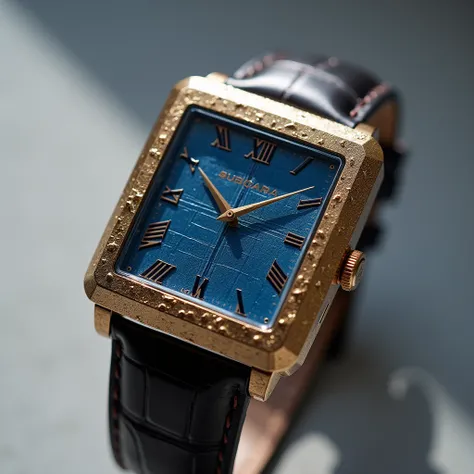 gold square stingray skin with blue Roman number hour marks, absolute square, back light.