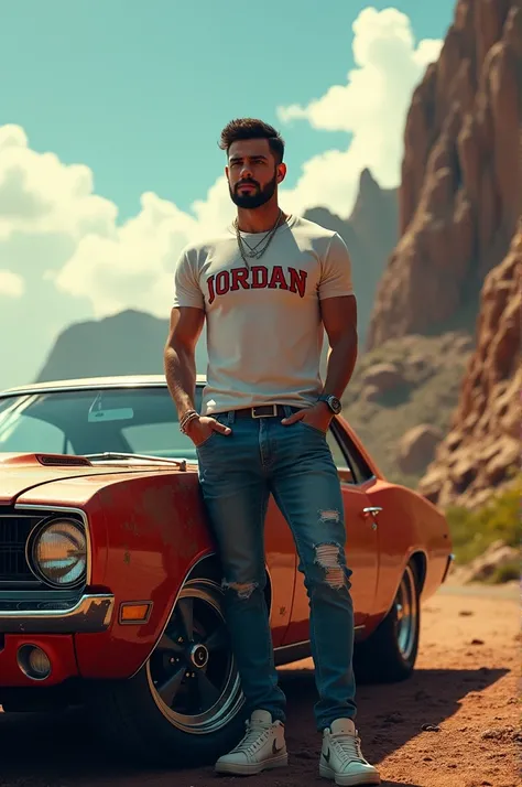 Gta v character create a landscape photo of a young man 20-21 yrs old character with beard wearing jordan and jeans posing in a dodge muscle car 