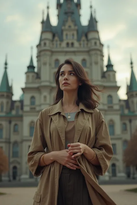 A young woman standing in front of a large building, looking hopeful and a little anxious, as she looks at her surroundings. Her expression is calm yet filled with anticipation. The background suggests she is returning to a place she once knew.
