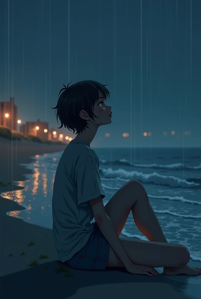 A lofi girl with short hair sitting on the beach looking the sky In the background lights of the houses in a rainy  night 