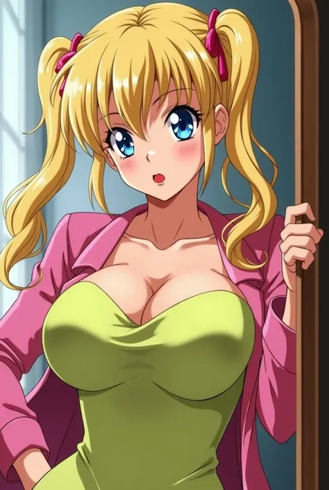  Serena a beautiful blonde woman with a .two pigtails in the shape of chongos ,  blue eyes ,  beautiful face, mischievous look,  red lips,  hairstyle looking in the mirror dressed in lemon green with a pink jacket with a curvy body,  anime style from the 9...