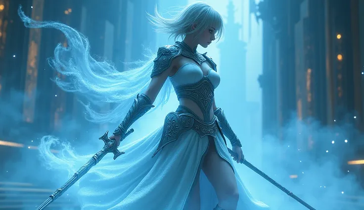 A sexy russian girl, holding a staff, combat posture, martial arts movements, body surrounded by blue mist, runes around, holographic reality, holographic halo, motion blur, game light effects, edge light, soft light, movie edge light, delicate light, mast...