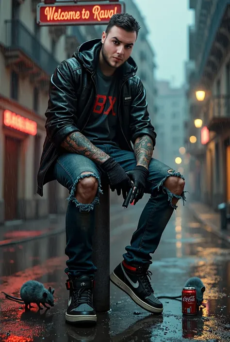 thief, tattooed, 30 YEARS, sitting on a pylon ,  black gloves ,  a gun in my right hand , black leather jacket,  dark gray t-shirt with the word written BX,  ripped jeans ,  sneakers black and dark gray Nike Air Jordan ,  Barcelona Ciutat Vella background ...