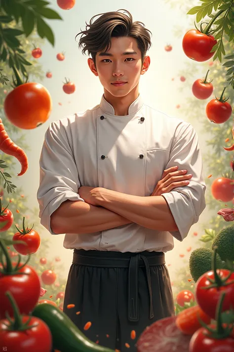 Young and handsome chef，There was a faint smile on the corner of his mouth, Hands on hips, There was confidence in his gaze. Images of various ingredients float around him, Such as vegetables, Fruits, Meat, and more.,in the style of the stars art group xin...