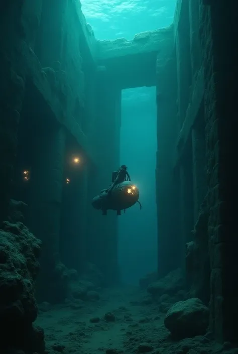 a man descends in a small submarine to the submerged ruins .  Darkness and ancient structures emerge from the depth as warning lights flash.