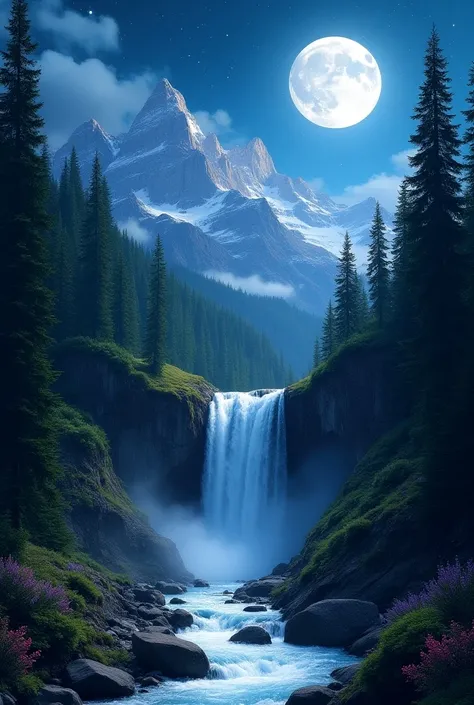 waterfall, alpine forest and sky with stars and full moon  