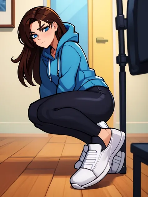 (masterpiece:1.2), best quality, high resolution, unity 8k wallpaper, (illustration:0.8), 1girl, solo, a woman in her early 20s, shes a college freshman, brown hair, blue eyes, (Wearing: Blue hoodie, black leggings and white slip-on shoes)
