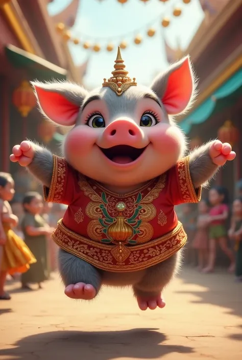 Cute Bouncing Pig Hippo Wearing Thai Costume