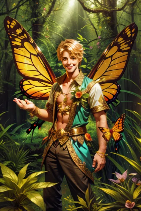 artwork, male fairy , young tall cute boy ,  medium blond hair,  huge wings , shine,  in an enchanted forest , butterflies, vege...