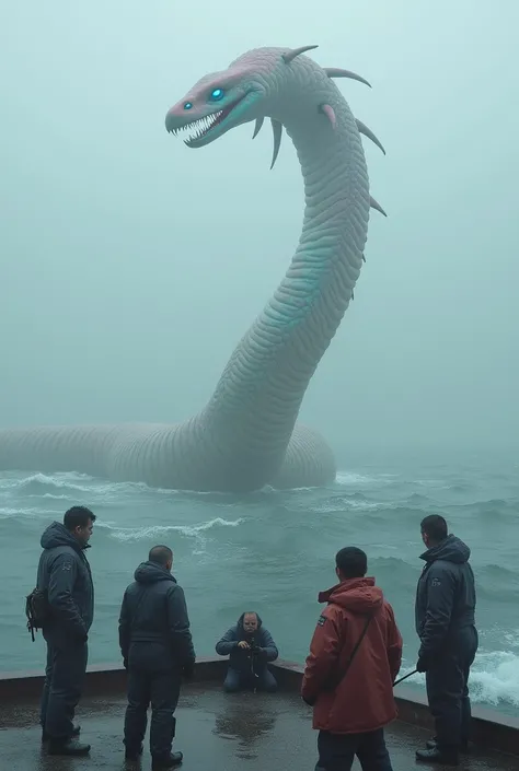 
On the platform of the Bund in Shanghai, a group of fishermen stands cautiously around a massive, otherworldly sea snake. The creature’s body is long, smooth, and covered in pale, iridescent scales that shimmer in the misty light. Its color is a gradient ...