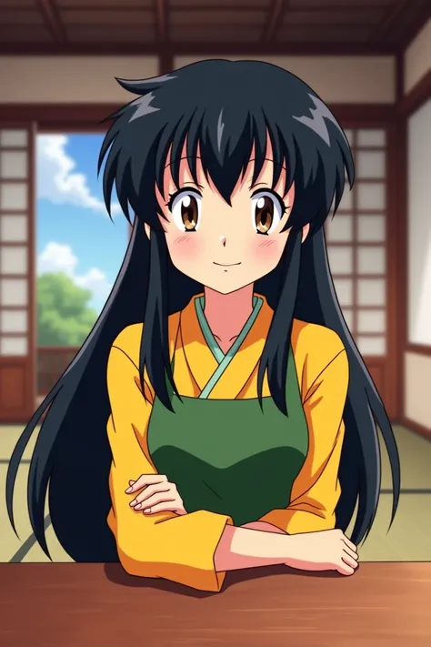 Screenshot of Ranma 1 / 2 girl with long straight black hair ,  light brown eyes and a cheerful expression ,  and Akanes house is sitting at the table in the background.