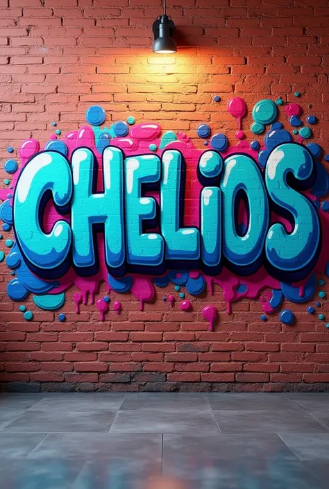 A 3D render of a vibrant and energetic street art piece on a brick wall. The word "CHELIOS" is depicted in bold, colorful bubbly letters, each painted in a distinct blue hue, creating a mesmerizing rainbow effect. The graffiti is enhanced with a splash of ...