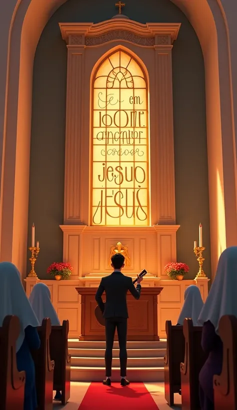 “Create a pixar-style image of the pulpit of the Christian Church of Brazil, with an atmosphere of reverence and spirituality. The pulpit should be detailed, with intricate joinery or design, and in the center, the phrase Em nome doSenhor Jesus should be h...