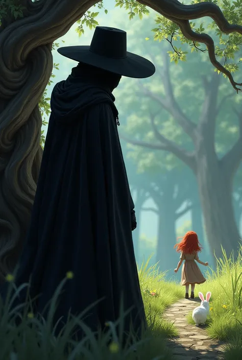 A man in a black robe and a black hat is peering beside a tree and it can be seen from afar there is a red-haired girl walking with a white rabbit