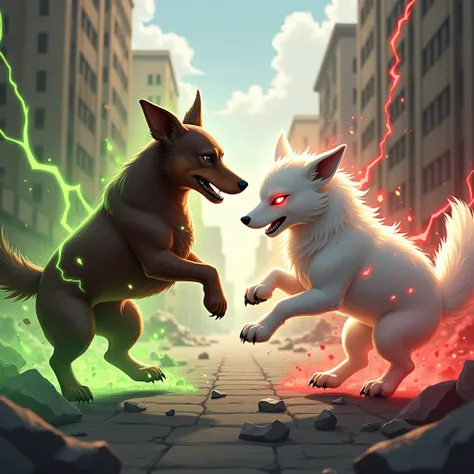 A dark brown dachshund all over its body has brown eyes,And it throws green energy from its front legs in a city it throws green energy at a white fox with red energy powers on its front legs ok that they are fighting in a destroyed city the white fox has ...