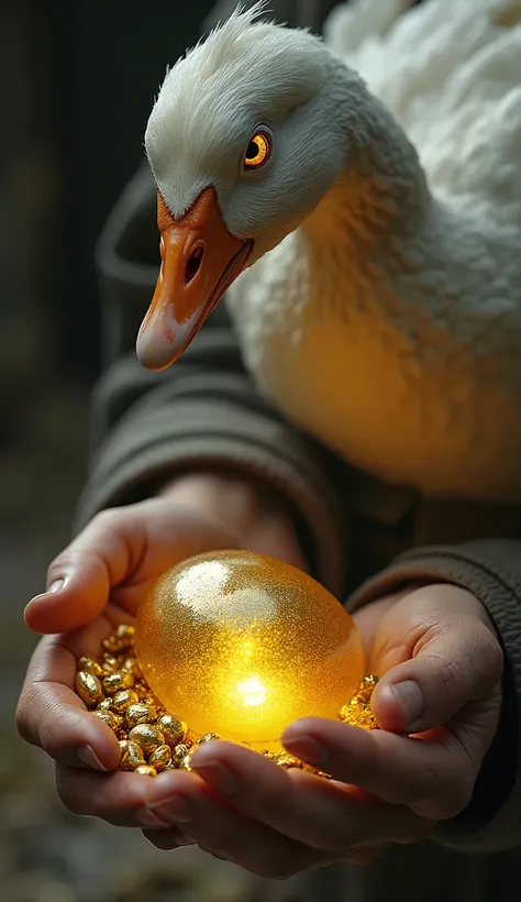 a poor farmer discovers a goose that lays golden eggs, intricate details, beautiful detailed eyes, beautiful detailed lips, extremely detailed face and features, highly detailed, hyperrealistic, 8k, masterpiece, photorealistic, cinematic, dramatic lighting...