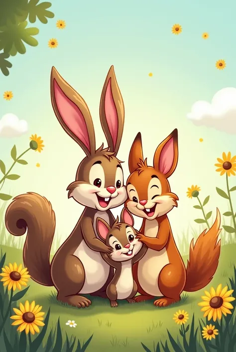 (3 friends.) Animals, bunny, squirrel, mouse. Holding hands or on shoulder. (Magkaakbay- in Tagalog) A more animated or comic look. (Make the mouse smaller). Rough. Add a sunny meadow back ground . Friend type. Not family. With 3 sunflower seeds. Friendshi...