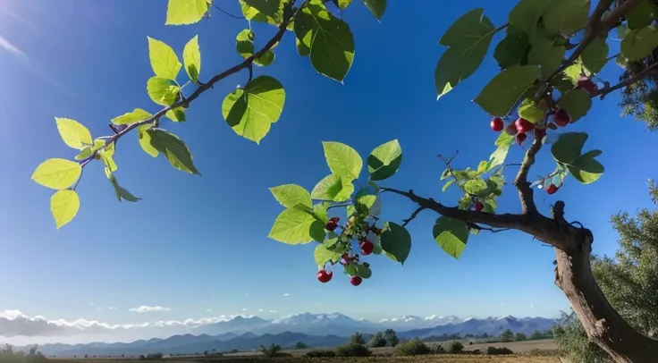 A close-up of a vine branch connected to the main trunk, with dewdrops sparkling under sunlight. The background shows fertile fields and distant mountains under a serene sky. Small budding grapes appear on the branch, symbolizing spiritual growth, while an...