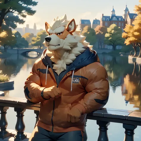 arcanine, city park, look at the lake, open hoodie, thinking, masterpiece, (16K), HD, Various facial details, detailed background, very detailed, dynamic poses, Eyes details, high resolution, high quality, correct anatomy, solo, seasoned, uncle, Leaning ag...