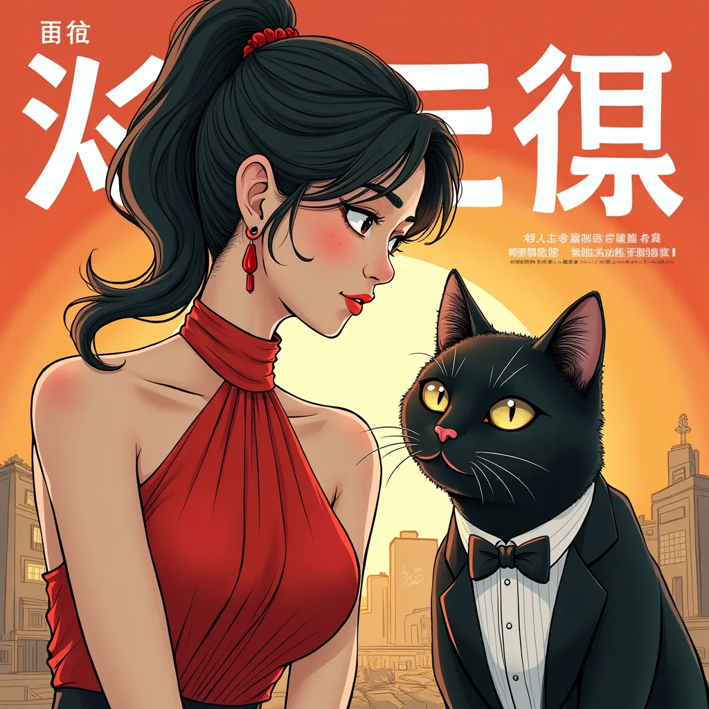  black sleeveless and ponytail haired Japanese woman in a red evening dress、 black cat in a tuxedo 、 A humorous worldview where black cats behave in a humane way 、 comic cover design 、(("The capable cat is depressed again today"Cover with text of :2))