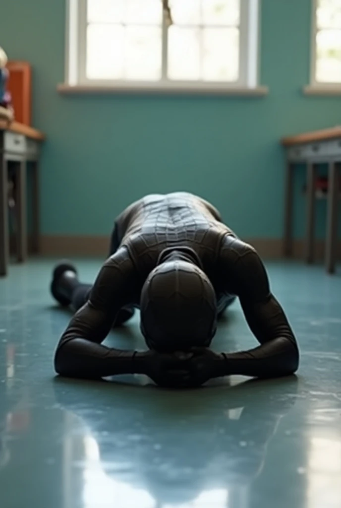 Realistic, rear view, ass view, 8k, ultra detailed, Teenage boy lying on his stomach passed out and sleeping unconscious on his stomach, teenage boy wearing a tight-fitting skin tight push up wedgie tight sexy light black glossy leather spiderman costume a...