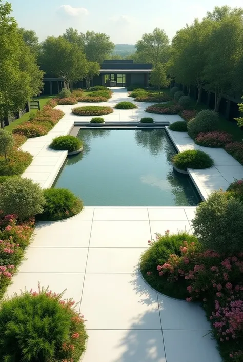 sketch me a 3 acre morden garden, with geometric shapes in it and a geometric shaped pond, a geometric shaped walkway, 2 dimensions, from above, simple, with flowers, trees, straight