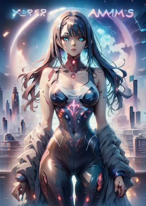 Girl with arm and blue led on her neck, cyberpunk city in the background, night, magazine cover, name osiris (magazine cover), (colorful magazine cover with lots of text), (cyberpunk illustration : 1.3), colorful paintings, comic book cover style, highly d...