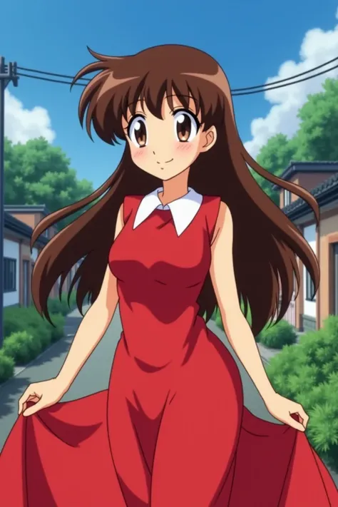 Screenshot of Ranma 1 / 2 girl with long straight hair ,  has brown eyes and has a cheerful expression shes wearing a long red dress, And in the background Akanes house  