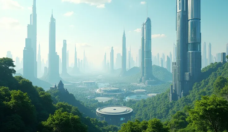  futuristic scene、Some trees 々、The city of the future、 panorama、There is no one here