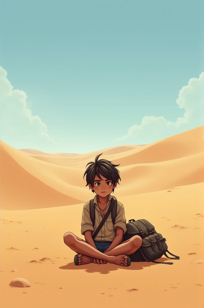 A boy sit on desert 