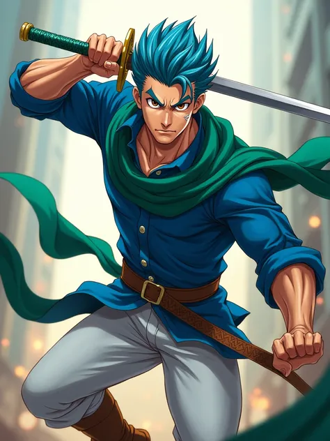 (white pants), (scar on nose), (white stripe on forehead), (brown boots), (big green scarf), (brown eyes), (blue shirt), (seductive smile), (short hair), (((40-year-old male character))), (holding a two-handed sword), (blue hair), (8k handsome face), (brig...