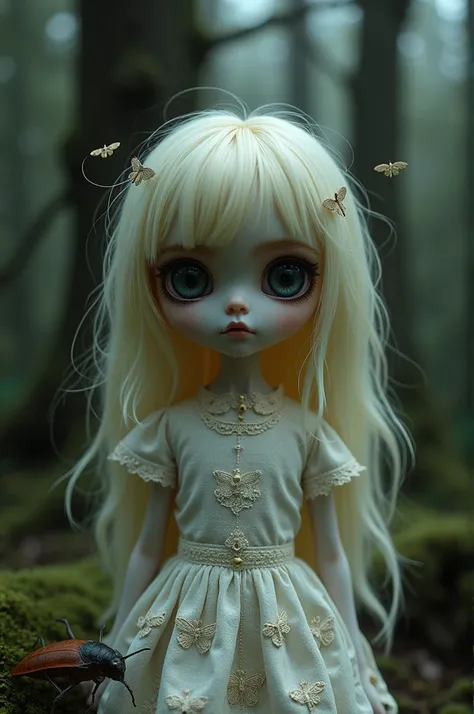  Gothic doll with big eyes and dark circles , blonde, dress with lace ,  embroidered with moths and accompanied by a big cockroach in the woods Tim Burton style

