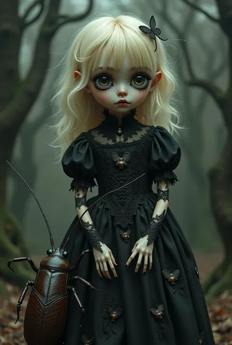  Gothic doll with big eyes and dark circles , blonde, dress with lace , embroidered with moths accompanied by a big cockroach in the woods Tim Burton style

