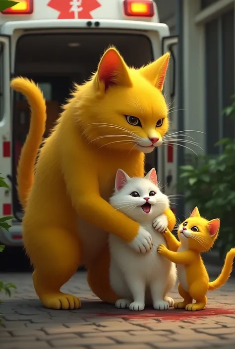 Give vivid image of " in intense situation, Father cat big in size (yellow color) and baby cat (yellow color) carefully hold the mother cat(white color) hand and come out from the home and get into the ambulance. Paw of Mother cat (white color) injured wit...