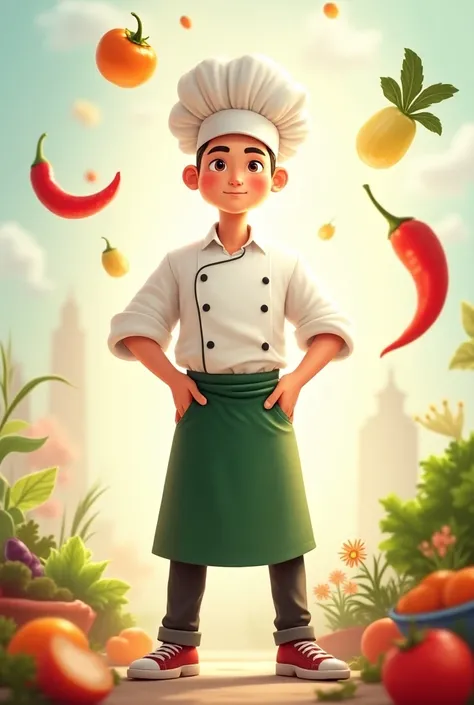 Young cartoon and handsome chef，There was a faint smile on the corner of his mouth, Hands on hips, There was confidence in his gaze. Images of various ingredients float around him, Such as vegetables, Fruits, red chili, and more.,in the style of the stars ...