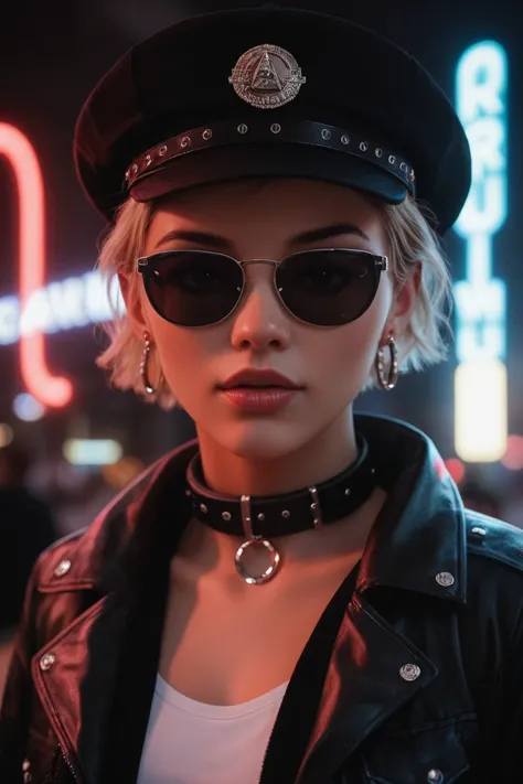 Close-up do rosto, Alternative girl,  looking over black sunglasses , jacket, collar,  neon light reflections on the skin, earring, makeup,  skin imperfections ,  short hair, hat, neon light background , low light,  depth of field , highly detailed, High c...