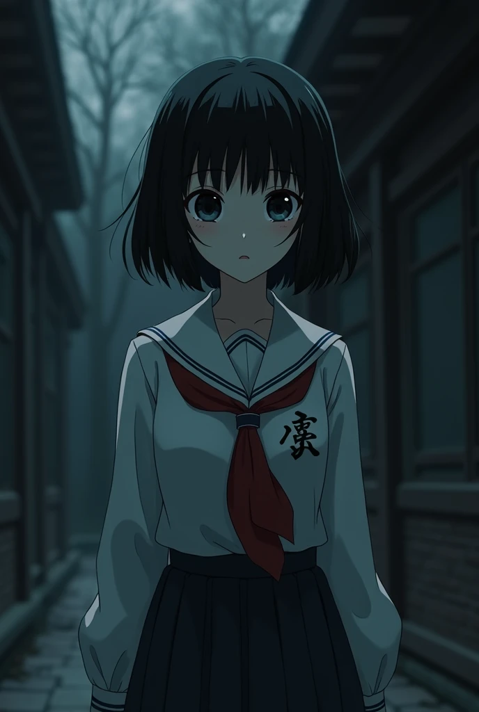 Horror themed. Anime. A  wearing black, classical japanese school uniform. Her skin are completely pale as snow. Her eyes are completely black. Short and deep black hair.